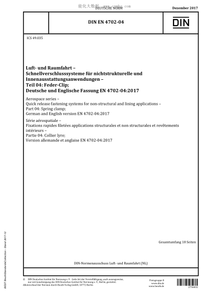 DIN EN 4702-04-2017  Aerospace series - Quick release fastening systems for non-structural and lining applications - Part 04: Spring clamp; German and English version EN 4702-04:2017