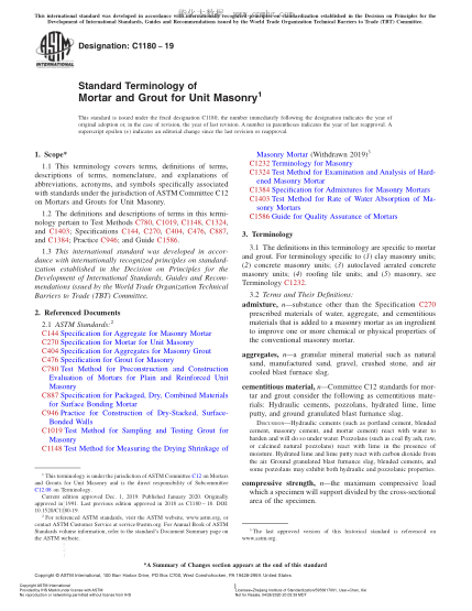 ASTM C1180-2019  Standard Terminology of Mortar and Grout for Unit Masonry