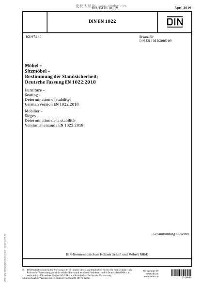 DIN EN 1022-2019  Furniture - Seating - Determination of stability; German version EN 1022:2018