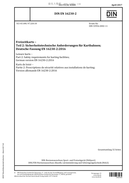 DIN EN 16230-2-2017   Leisure karts - Part 2: Safety requirements for karting facilities; German version EN 16230-2:2016