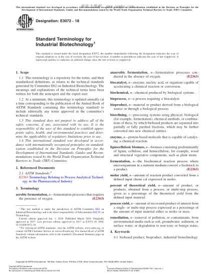 ASTM E3072-2018 工業(yè)生物技術術語 Standard Terminology for Industrial Biotechnology