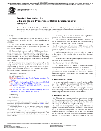 ASTM D6818-2017 草皮增強(qiáng)墊極限拉伸性能試驗(yàn)方法 Standard Test Method for Ultimate Tensile Properties of Rolled Erosion Control Products