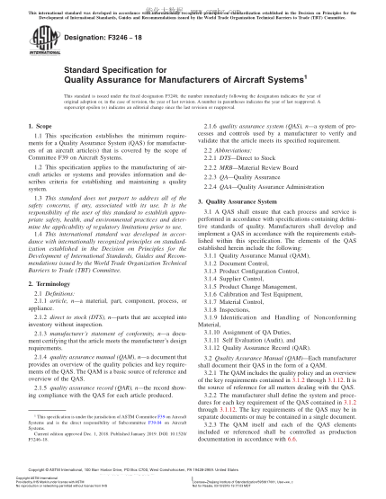 ASTM F3246-2018 飛行器系統(tǒng)制造商質量保證規(guī)范 Standard Specification for Quality Assurance for Manufacturers of Aircraft Systems