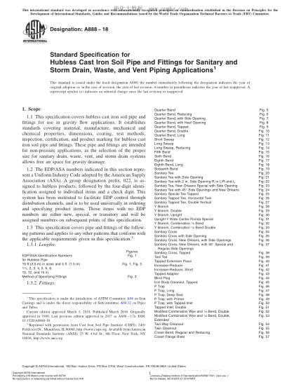 ASTM A888-2018 公共廁所用鑄鐵糞水管和管件以及暴雨排水管、污水管和通風(fēng)管設(shè)施的規(guī)格 Standard Specification for Hubless Cast Iron Soil Pipe and Fittings for Sanitary and Storm Drain,Waste,and Vent Piping Applications