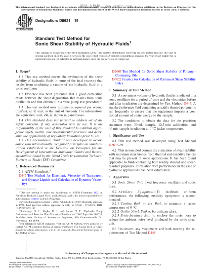 ASTM D5621-2019  Standard Test Method for Sonic Shear Stability of Hydraulic Fluids