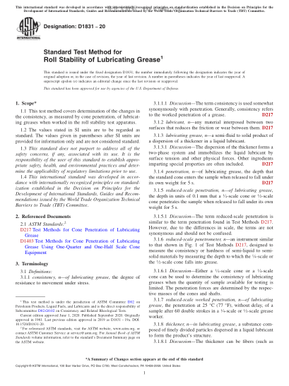 ASTM D1831-2020  Standard Test Method for Roll Stability of Lubricating Grease