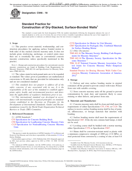 ASTM C946-2018  Standard Practice for Construction of Dry-Stacked, Surface-Bonded Walls