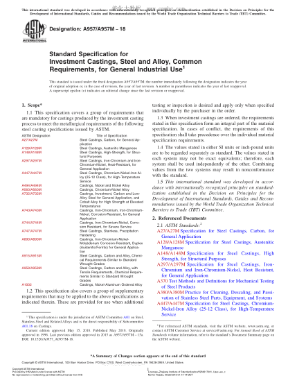 ASTM A957/A957M-2018  Standard Specification for Investment Castings,Steel and Alloy,Common Requirements,for General Industrial Use
