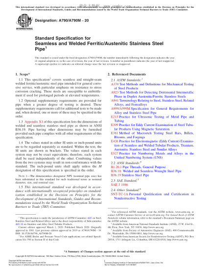 ASTM A790/A790M-2020  Standard Specification for Seamless and Welded Ferritic/Austenitic Stainless Steel Pipe