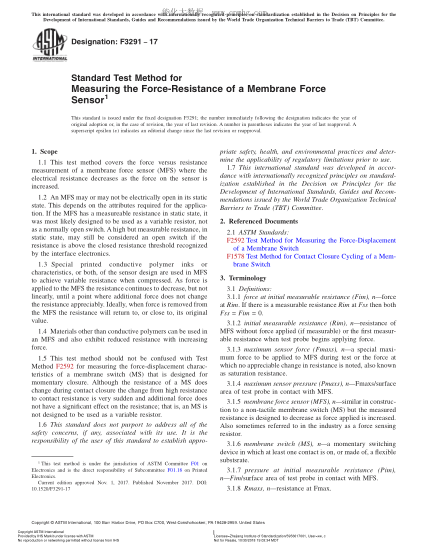 ASTM F3291-2017 薄膜測(cè)力傳感器力與電阻測(cè)量方法 Standard Test Method for Measuring the Force-Resistance of a Membrane Force Sensor