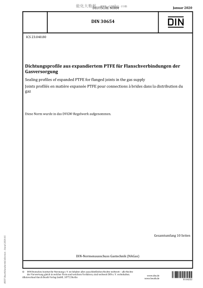DIN 30654-2020  Sealing profiles of expanded PTFE for flanged joints in the gas supply