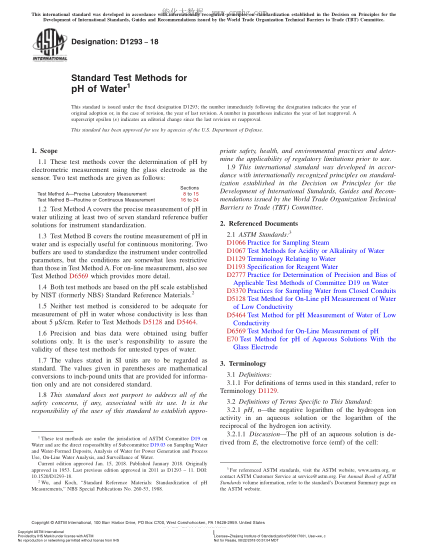 ASTM D1293-2018 水中PH值的試驗(yàn)方法 Standard Test Methods for pH of Water
