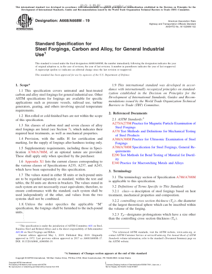 ASTM A668/A668M-2019 一般工業(yè)用碳素鋼和合金鋼鍛件規(guī)格 Standard Specification for Steel Forgings, Carbon and Alloy, for General Industrial Use