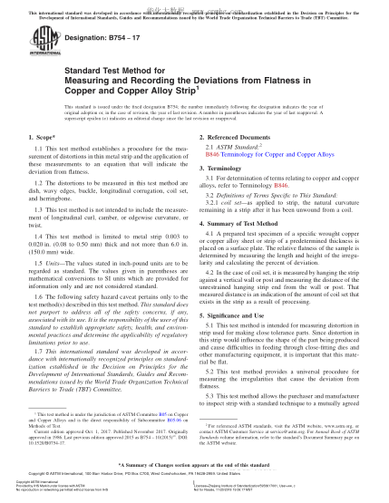 ASTM B754-2017 銅及銅合金帶材平面偏差測量與記錄方法 Standard Test Method for Measuring and Recording the Deviations from Flatness in Copper and Copper Alloy Strip
