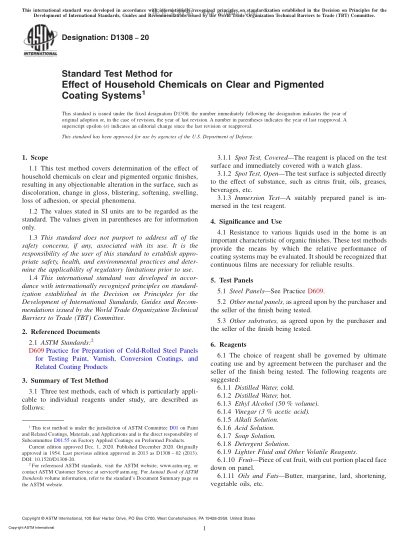 ASTM D1308-2020  Standard Test Method for Effect of Household Chemicals on Clear and Pigmented Coating Systems