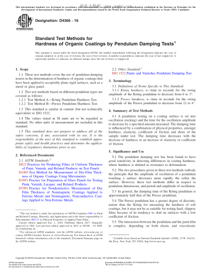 ASTM D4366-2016 用擺錘減振試驗(yàn)測(cè)定有機(jī)涂層硬度的方法 Standard Test Methods for Hardness of Organic Coatings by Pendulum Damping Tests