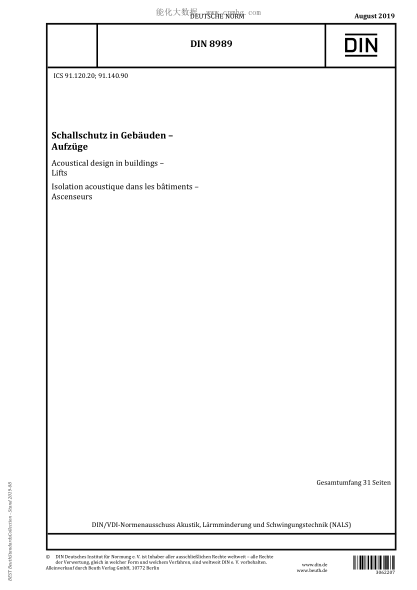 DIN 8989-2019  Acoustical design in buildings - Lifts