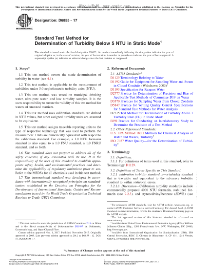 ASTM D6855-2017 用靜態(tài)法測定5NTU下濁度的試驗方法 Standard Test Method for Determination of Turbidity Below 5 NTU in Static Mode