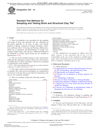 ASTM C67-2016 磚和粘土空心磚取樣及測(cè)試方法 Standard Test Methods for Sampling and Testing Brick and Structural Clay Tile