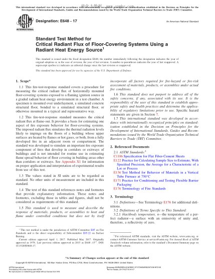 ASTM E648-2017 用輻射熱能源測定地面覆蓋系統(tǒng)臨界輻射通量的試驗(yàn)方法 Standard Test Method for Critical Radiant Flux of Floor-Covering Systems Using a Radiant Heat Energy Source