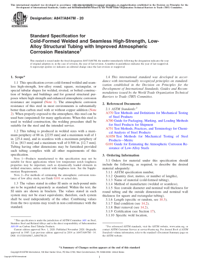 ASTM A847/A847M-2020  Standard Specification for Cold-Formed Welded and Seamless High-Strength, Low-Alloy Structural Tubing with Improved Atmospheric Corrosion Resistance