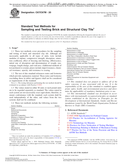 ASTM C67/C67M-2020  Standard Test Methods for Sampling and Testing Brick and Structural Clay Tile