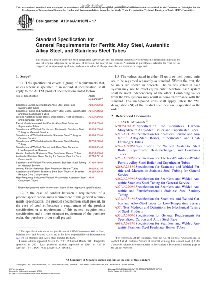 ASTM A1016/A1016M-2017 鐵素體合金鋼、奧氏體合金鋼和不銹鋼管通用要求規(guī)格 Standard Specification for General Requirements for Ferritic Alloy Steel,Austenitic Alloy Steel,and Stainless Steel Tubes