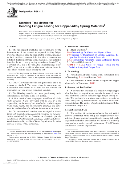 ASTM B593-2021  Standard Test Method for Bending Fatigue Testing for Copper-Alloy Spring Materials