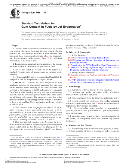 ASTM D381-2019  Standard Test Method for Gum Content in Fuels by Jet Evaporation