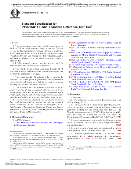 ASTM E1136-2017 P195/75R14標(biāo)準(zhǔn)參考徑向試驗輪胎規(guī)格 Standard Specification for P195/75R14 Radial Standard Reference Test Tire