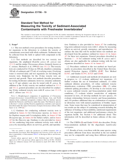 ASTM E1706-2019  Standard Test Method for Measuring the Toxicity of Sediment-Associated Contaminants with Freshwater Invertebrates