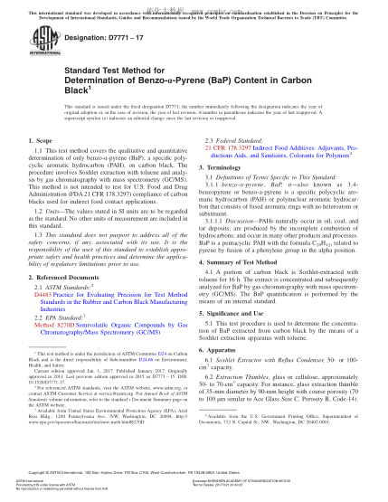 ASTM D7771-2017 測(cè)定炭黑中苯并α芘（Bap）含量的試驗(yàn)方法 Standard Test Method for Determination of Benzo-α-Pyrene (BaP) Content in Carbon Black