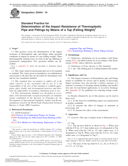ASTM D2444-2019 用落錘試驗法測定熱塑性塑料管和配件耐沖擊性的試驗方法 Standard Practice for Determination of the Impact Resistance of Thermoplastic Pipe and Fittings by Means of a Tup (Falling Weight)