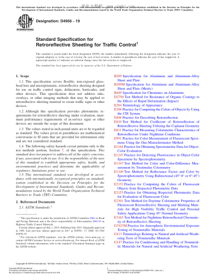 ASTM D4956-2019 交通控制用反光板規(guī)格 Standard Specification for Retroreflective Sheeting for Traffic Control