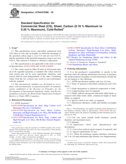 ASTM A794/A794M-2018  Standard Specification for Commercial Steel (CS), Sheet, Carbon (0.16?% Maximum to 0.25?% Maximum), Cold-Rolled