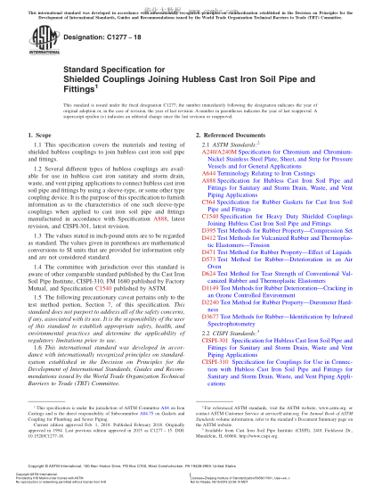 ASTM C1277-2018 連接無輪轂鑄鐵糞管和管配件的防護(hù)管接頭的規(guī)格 Standard Specification for Shielded Couplings Joining Hubless Cast Iron Soil Pipe and Fittings