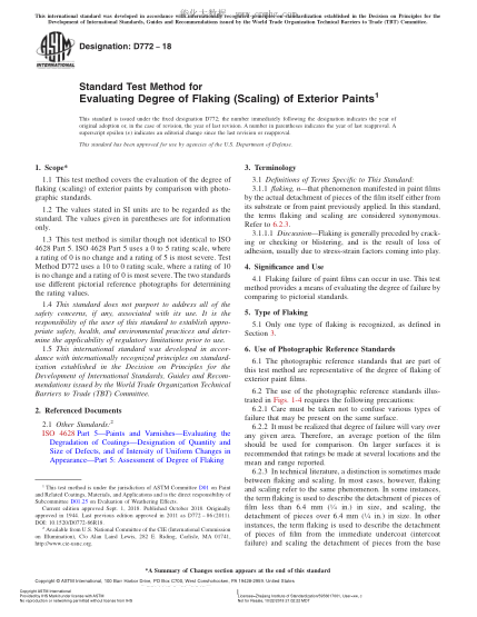 ASTM D772-2018  Standard Test Method for Evaluating Degree of Flaking (Scaling) of Exterior Paints