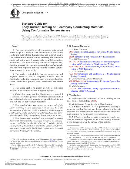ASTM E2884-2017用整合傳感器陣列對導電材料進行渦流檢測的指南Standard Guide for Eddy Current Testing of Electrically Conducting Materials Using Conformable Sensor Arrays