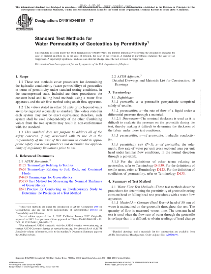 ASTM D4491/D4491M-2017 用電容率法測定土工織物水滲透性的試驗(yàn)方法 Standard Test Methods for Water Permeability of Geotextiles by Permittivity