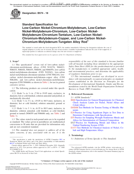ASTM B574-2018  Standard Specification for Low-Carbon Nickel-Chromium-Molybdenum, Low-Carbon Nickel-Molybdenum-Chromium, Low-Carbon Nickel-Molybdenum-Chromium-Tantalum, Low-Carbon Nickel-Chromium-Molybdenum-Copper, and Low-Carbon Nickel-Chromium-Molybdenu