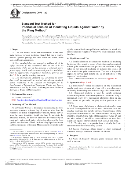 ASTM D971-2020  Standard Test Method for Interfacial Tension of Insulating Liquids Against Water by the Ring Method
