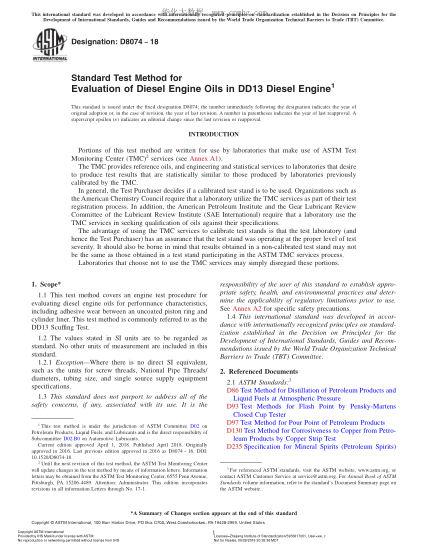 ASTM D8074-2018 用DD13柴油發(fā)動機(jī)評定柴油發(fā)動機(jī)油的試驗(yàn)方法 Standard Test Method for Evaluation of Diesel Engine Oils in DD13 Diesel Engine