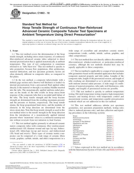 ASTM C1863-2018 用直接加壓法在環(huán)境溫度下測定連續(xù)纖維增強先進陶瓷復合材料管試樣環(huán)向拉伸強度的方法 Standard Test Method for Hoop Tensile Strength of Continuous Fiber-Reinforced Advanced Ceramic Composite Tubular Test Specimens at Ambient Temperature Using Direct Pressurization