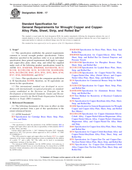 ASTM B248-2017 鍛制銅與銅合金中厚板、薄板、帶材和軋制棒材的一般技術(shù)要求規(guī)格 Standard Specification for General Requirements for Wrought Copper and Copper-Alloy Plate,Sheet,Strip,and Rolled Bar