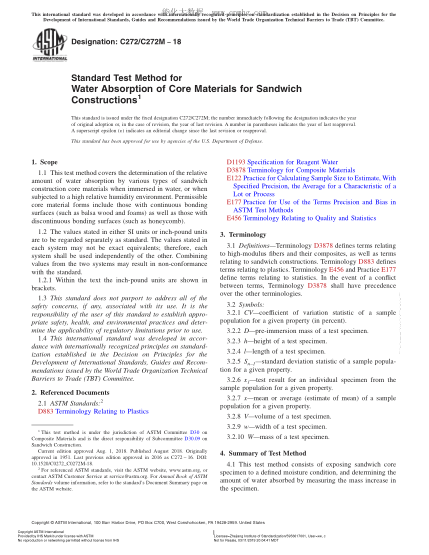 ASTM C272/C272M-2018夾層結(jié)構(gòu)芯材吸水性試驗方法Standard Test Method for Water Absorption of Core Materials for Sandwich Constructions