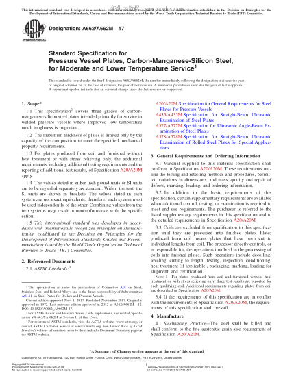 ASTM A662/A662M-2017 中低溫用碳-錳-硅鋼壓力容器中厚板的規(guī)格 Standard Specification for Pressure Vessel Plates,Carbon-Manganese-Silicon Steel,for Moderate and Lower Temperature Service