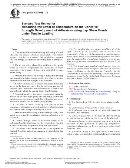 ASTM D7998-2019 拉伸載荷下用搭接剪切鍵測量溫度對(duì)于粘合劑凝聚強(qiáng)度發(fā)展影響的試驗(yàn)方法 Standard Test Method for Measuring the Effect of Temperature on the Cohesive Strength Development of Adhesives using Lap Shear Bonds under Tensile Loading