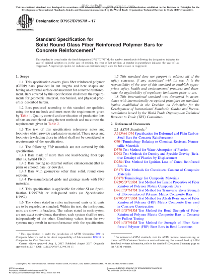 ASTM D7957/D7957M-2017 混凝土鋼筋用實(shí)心圓形玻璃纖維增強(qiáng)聚合物筋的規(guī)格 Standard Specification for Solid Round Glass Fiber Reinforced Polymer Bars for Concrete Reinforcement