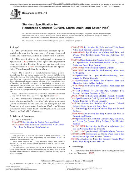 ASTM C76-2019 鋼筋混凝土涵管、暴雨排水管和污水管規(guī)格 Standard Specification for Reinforced Concrete Culvert, Storm Drain, and Sewer Pipe