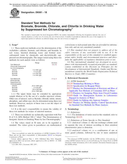 ASTM D6581-2018  Standard Test Methods for Bromate,Bromide,Chlorate,and Chlorite in Drinking Water by Suppressed Ion Chromatography